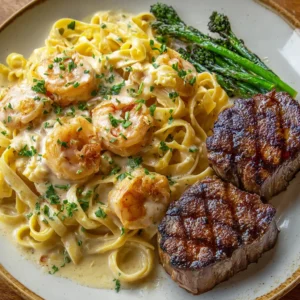 Steakhouse-Style Surf and Turf with Creamy Shrimp Alfredo