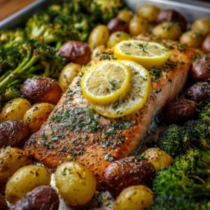 Lemon Butter Salmon with Crispy Potatoes and Roasted Broccoli Recipe