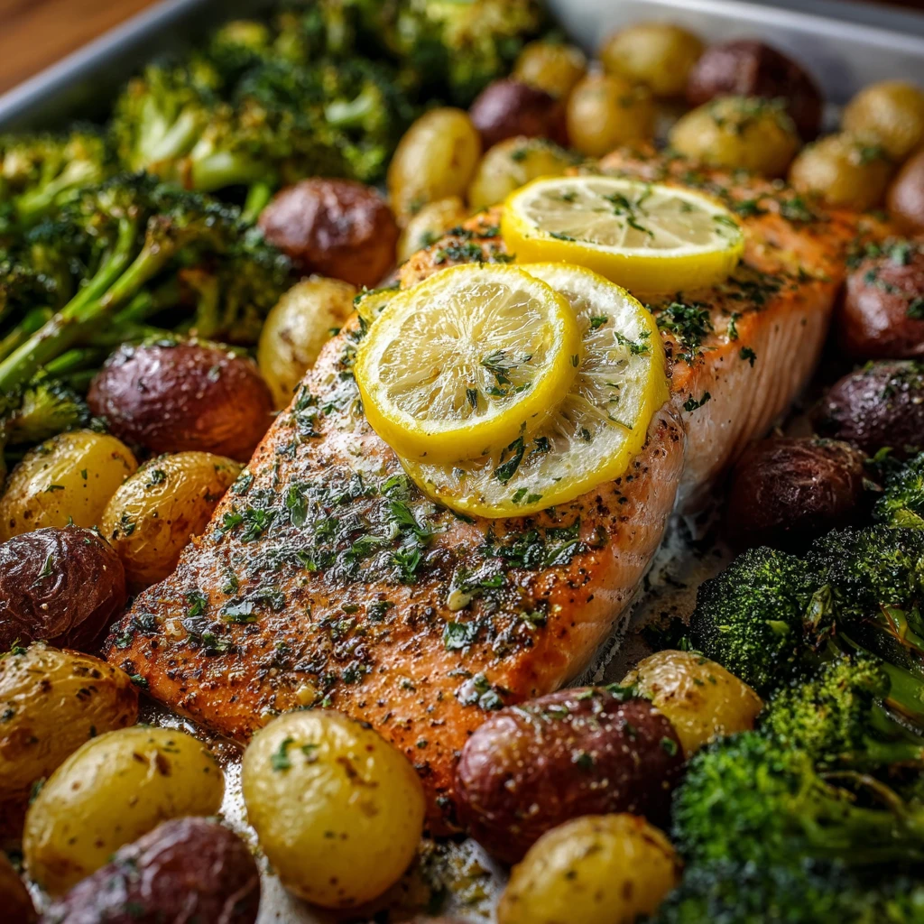 Lemon Butter Salmon Crispy Potatoes Roasted Broccoli Recipe