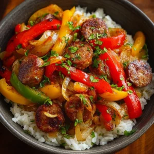 Sausage, Onion, Bell Peppers & Tomatoes Over Rice