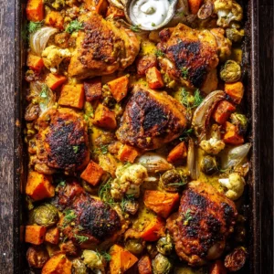 Savory Sheet Pan Curry Butter Chicken with Sweet Potatoes
