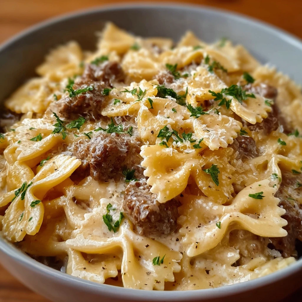 Creamy Parmesan Garlic Beef Bowtie Pasta