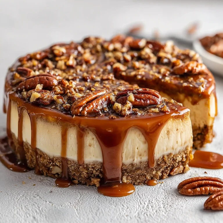 bourbon pecan pie cheesecake with caramelized pecans on a graham cracker crust