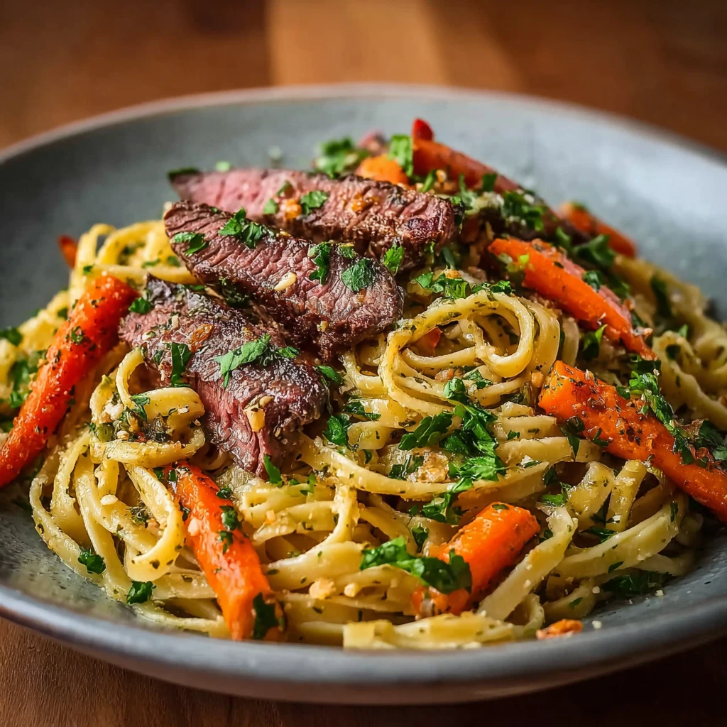 Cowboy Butter Steak Linguine Roasted Carrots Parsley