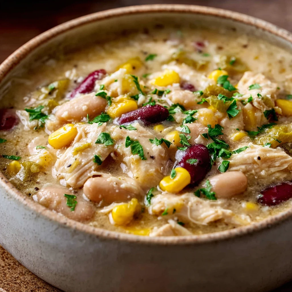 creamy crockpot white chicken chili with shredded chicken and white beans in a slow cooker
