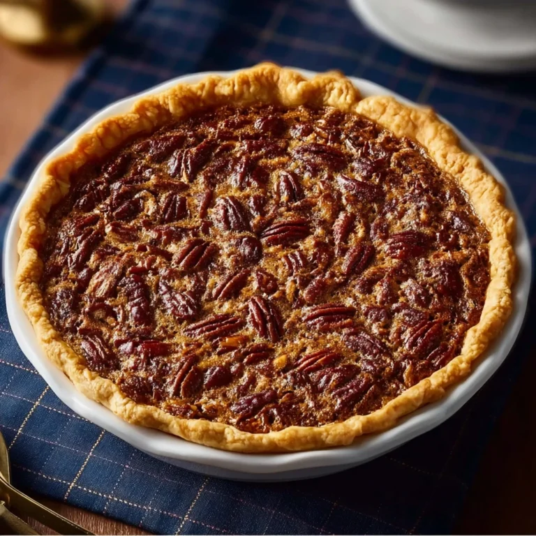 classic pecan pie with golden toasted pecan halves in a flaky butter crust on a wooden table