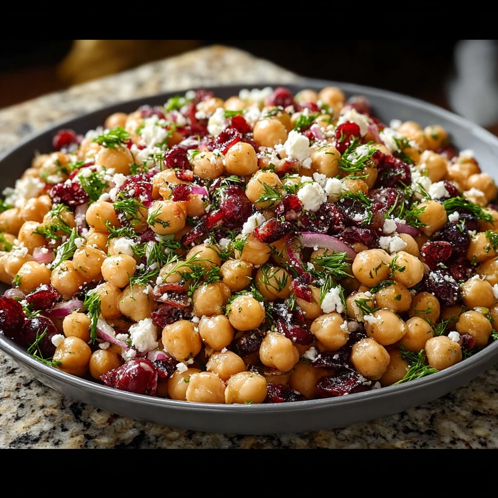 feta chickpea salad with cranberries and lemon vinaigrette in a white serving bowl