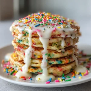 Fluffy Vegan Funfetti Birthday Pancakes with Cream Cheese Glaze