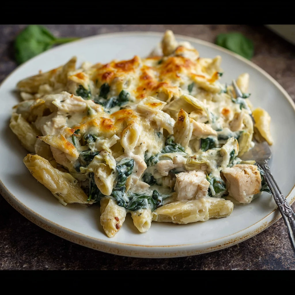 High Protein Chicken Spinach Artichoke Pasta Bake