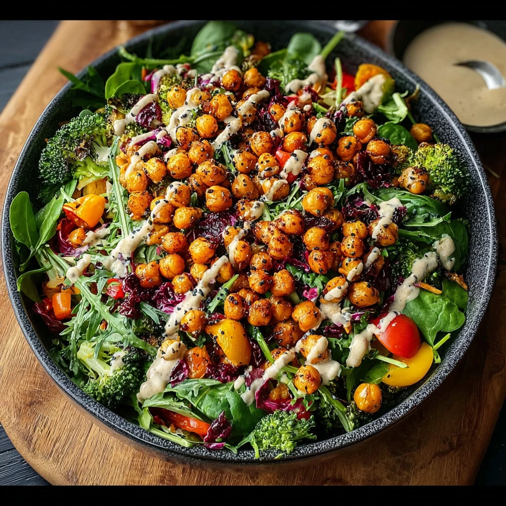 Roasted Chickpea Veggie Harvest Salad with Maple Tahini Dressing