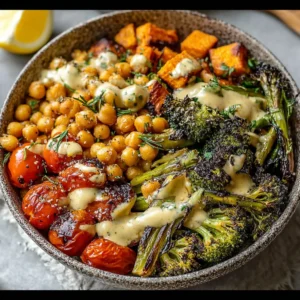 Roasted Veggie Chickpea Bowls with Maple Dijon Tahini Dressing