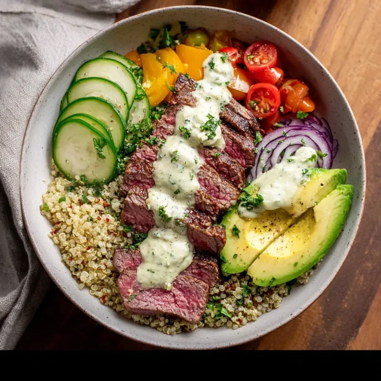 steak quinoa bowl with seared flank steak slices, fluffy quinoa, bell peppers, avocado, and fresh cilantro