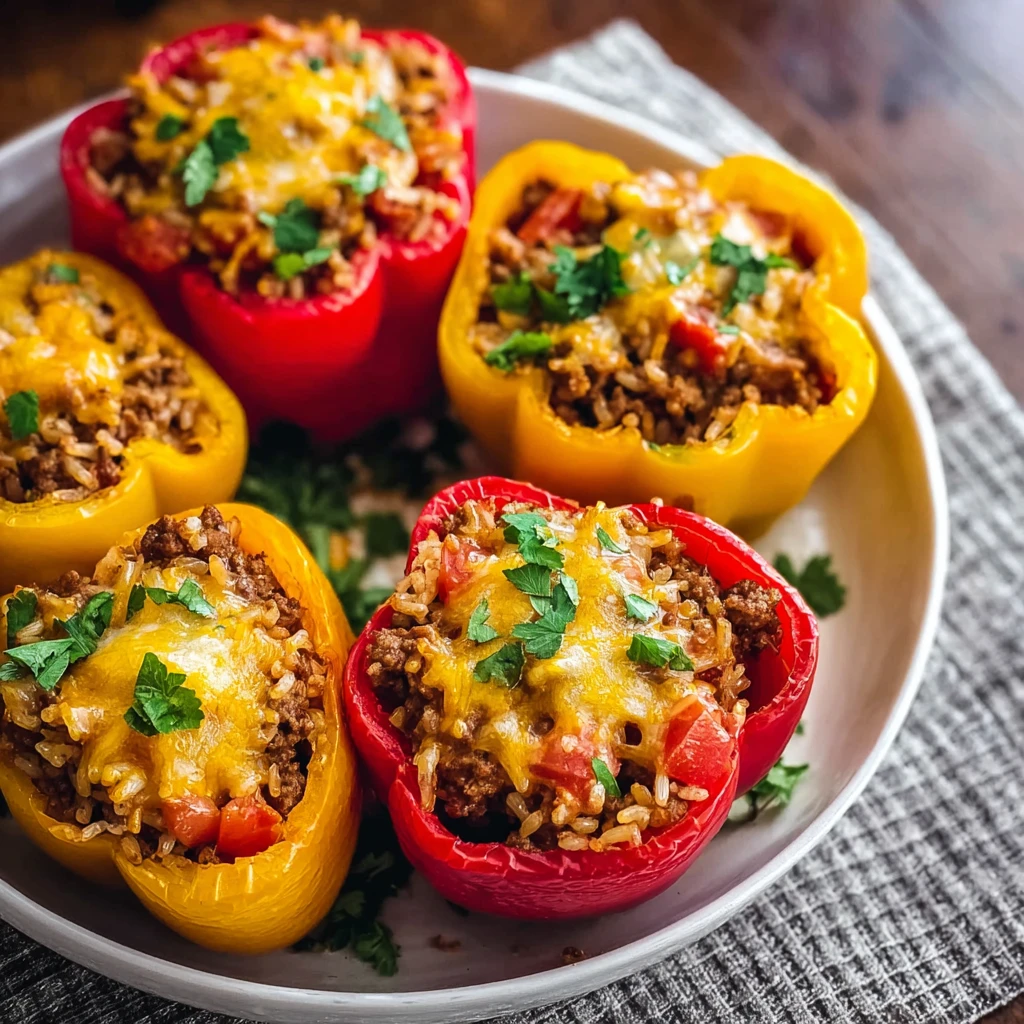 Best Beef Rice Stuffed Peppers Recipe Easy Beef And Rice Stuffed Bell Peppers How To Make Savory Beef Rice Stuffed Peppers...