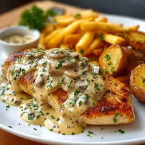 Chicken with cheese on top and potato fries on side: Comf…
