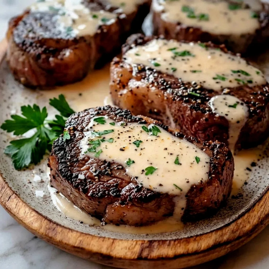 Seared Steak with Garlic Cream Sauce